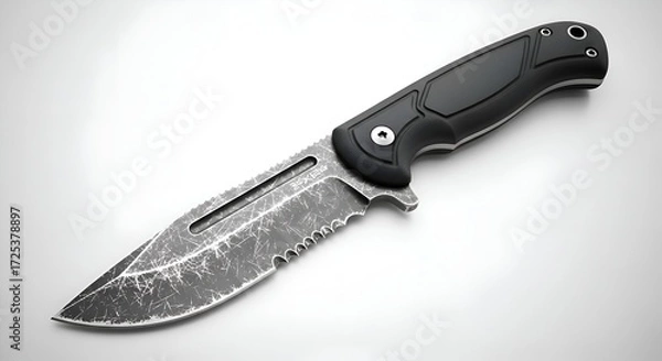 Fototapeta A survival knife with scratches, placed on a white surface