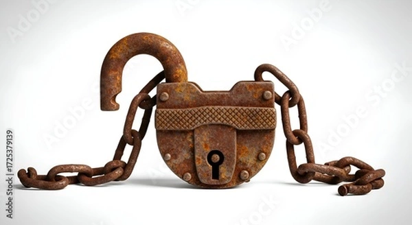 Fototapeta A rusty padlock with broken chains, placed neatly on clean background