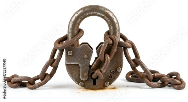 Fototapeta A rusty padlock with broken chains, placed neatly on white background