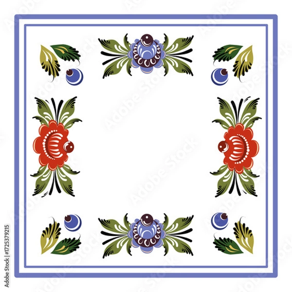 Fototapeta Vector square frame for text and notes. Compositions from elements of Gorodets painting, flowers and berries. Folk art illustration for wedding decoration on white background