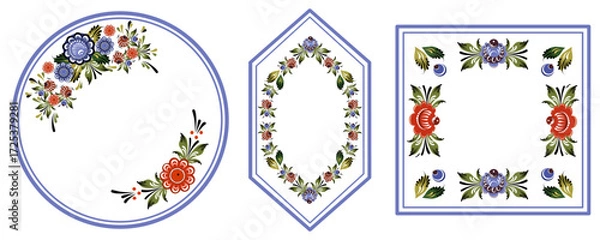Fototapeta Vector set of frames for text and notes. Compositions from elements of Gorodets painting, flowers and berries. Folk art illustration for wedding decoration on white background