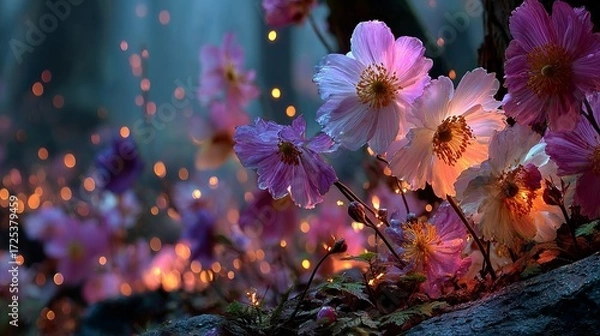 Fototapeta Magical blossoms illuminated by soft glimmers in an enchanted forest at twilight inviting wonder and exploration among delicate petals and soft light