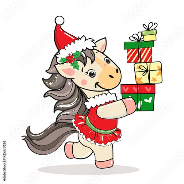 Fototapeta Vector illustration with christmas and new year horse with gifts on a white background. Chinese symbol 2026 new year. Zodiac animals