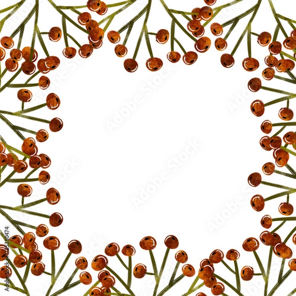 Fototapeta Square border frame with  red berries. Hand drawn botanical card