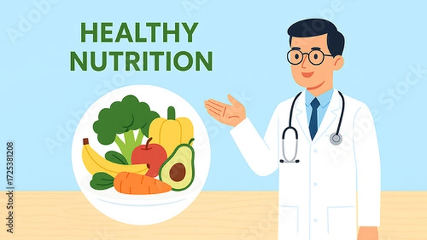 Obraz Flat-style digital illustration showing a doctor presenting a plate of fruits and vegetables with the text "Healthy Nutrition". Concept of diet, wellness, and preventive healthcare.