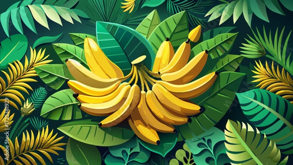 Fototapeta Fresh bananas cluster paper cut tropical style, curved yellow fruits with lush greenery, decorative poster design, paradise summer card vector, exotic botanical vibes, jungle inspired background 