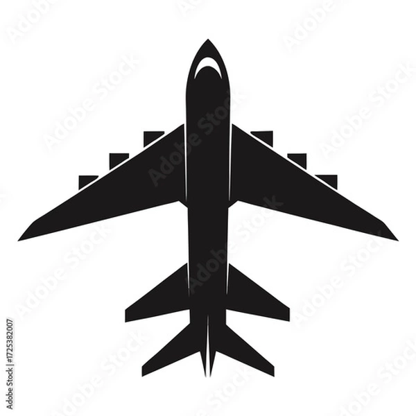 Fototapeta A simple and unique minimalist vector, Silhouette icon of an airplane is centered against a solid, light gray background. 