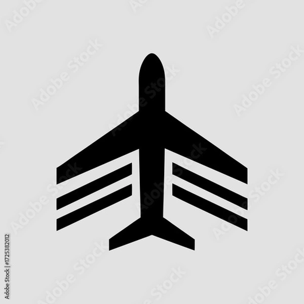 Fototapeta A simple and unique minimalist vector, Silhouette icon of an airplane is centered against a solid, light gray background. 