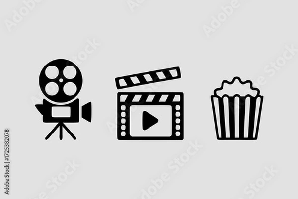 Fototapeta A illustration, Silhouette  featuring three icons related to cinema, arranged horizontally across a light gray background.