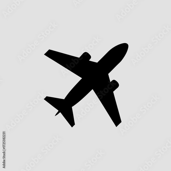 Fototapeta A simple, minimalist vector, Silhouette icon of an airplane is centered against a solid, light gray background. 