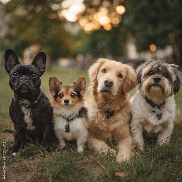 Obraz Diverse Dog Breeds Gathering in New York Park: French Bulldog, Chihuahua, Golden Retriever, and Shih Tzu Sitting Together on the Grass on a Sunny Day.