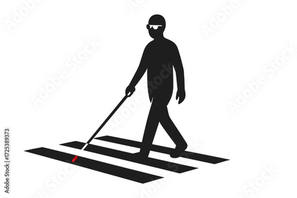 Fototapeta Silhouette illustration of blind person with white cane crossing pedestrian crosswalk, accessibility and disability support symbol, inclusive mobility and urban safety design