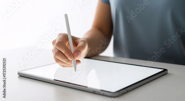 Fototapeta A poised hand holds a stylus over a blank tablet screen, poised for digital creation, reflecting focus, technology, and creative potential in a bright, minimalist setting.