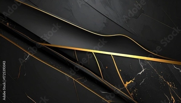 Fototapeta Luxurious abstract background with black marble texture and elegant flowing golden lines
