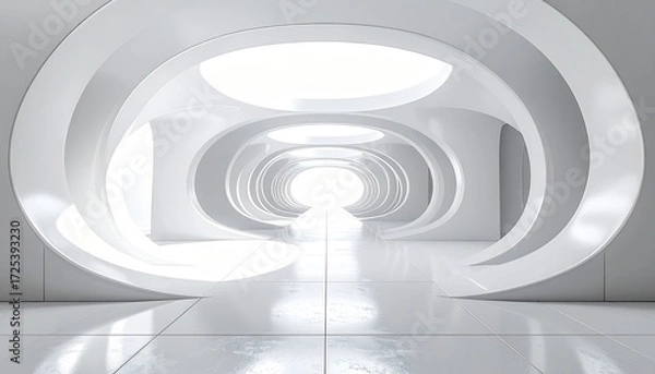 Obraz Abstract futuristic white corridor with glowing oval openings and a glossy floor leading to a bright light