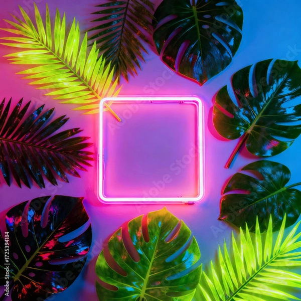 Fototapeta Neon square frame with tropical leaves, vibrant colorful composition