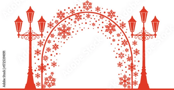 Obraz Winter snowflake background with lamp post and arch vector art