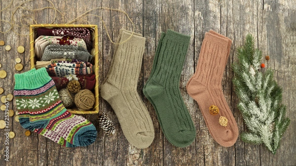 Fototapeta Warm knitted socks for fall and winter. Socks, knitting yarn, and a spruce branch on a wooden background. Socks in a wicker basket.