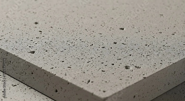 Fototapeta Close-up of a light gray, porous square tile, possibly concrete or stone, with a rough texture and visible small holes.  The tiles are stacked slightly