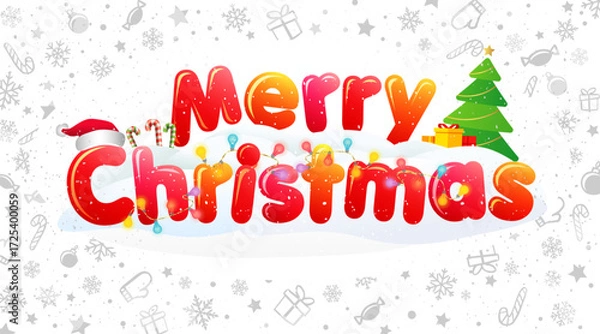 Fototapeta Merry Christmas greeting card design. Holiday backdrop with X mas items and set of snowflakes