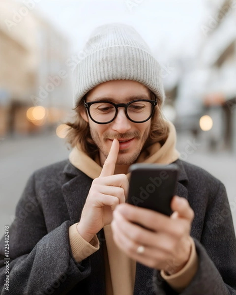 Fototapeta 
Deaf person communicating on smartphone using sign language app, modern urban background