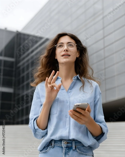 Fototapeta Deaf person communicating on smartphone using sign language app, modern urban background