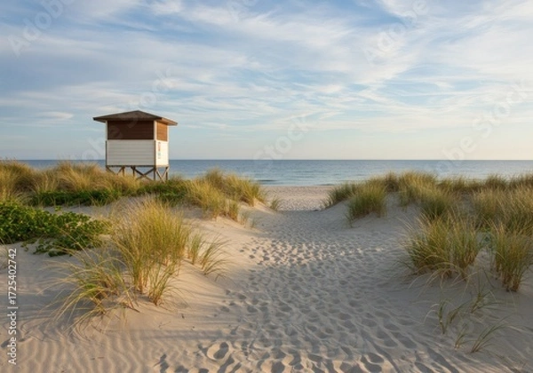 Fototapeta Tranquil View of a Remote Beach Shoreline with Rippled Sand and Ocean
