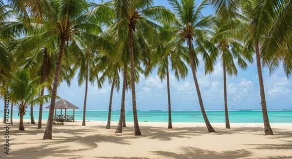 Fototapeta Vibrant Summer Vacation Scene of Palm Grove on a Remote Island Beach