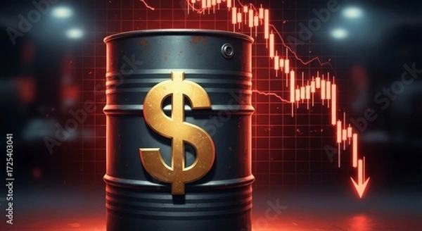 Obraz Urgent financial crisis warning with golden dollar sign on oil drum and falling stock chart, ideal for energy and investment risks