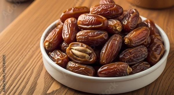 Fototapeta Close-up of a white bowl overflowing with brown, sweet dates on a polished wooden surface