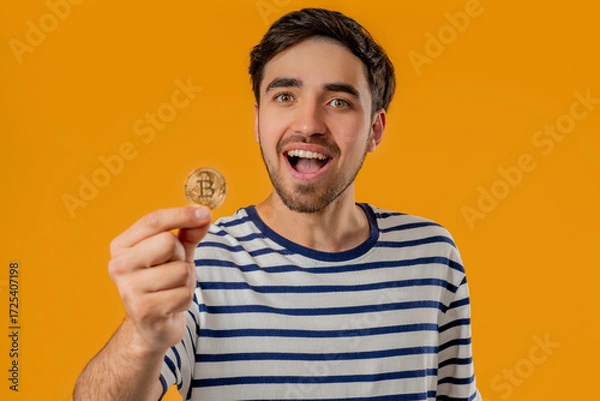 Fototapeta Man With Bitcoin, Crypto Currency. Golden Coin On Yellow Background.