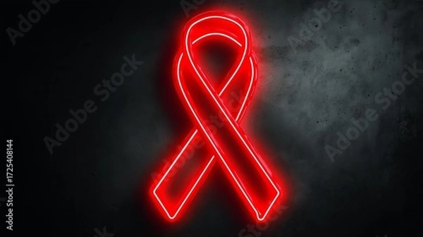 Obraz Neon sign of red ribbon illuminating dark background for nighttime awareness campaign in urban setting