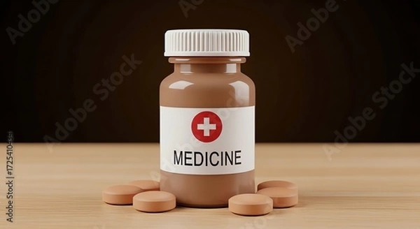 Obraz Brown medicine bottle with pills on wooden surface in a dimly lit environment during evening time