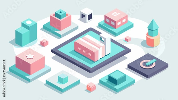 Obraz Abstract isometric blocks and shapes in pastel colors isometric, abstract, geometric, shapes, blocks, minimalist, vector, illustration, design, art, concept, modern, pastel, color, building
