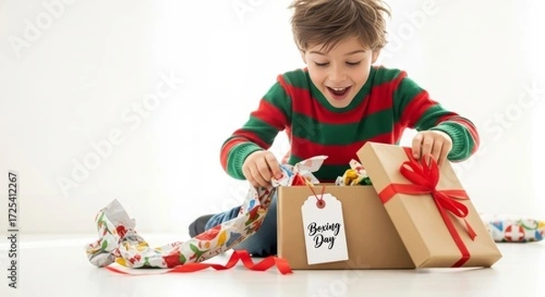 Obraz Excited child joyfully opening a Boxing Day present on a bright day in a cozy living room setting