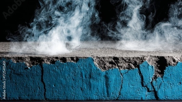 Fototapeta Abstract weathered concrete block podium with jagged cracked top and textured sides, set against a blue foggy background, suitable for product display, design concepts, and artistic composition