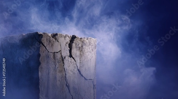 Fototapeta Abstract weathered concrete block podium with jagged cracked top and textured sides, set against a blue foggy background, suitable for product display, design concepts, and artistic composition