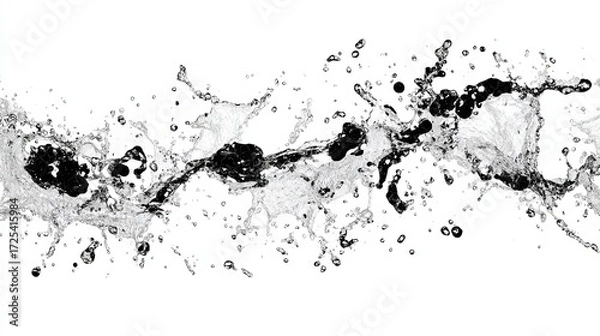 Fototapeta Abstract black and white water splashing particles scattered on white background, dynamic liquid motion with shades and textures, modern concept of contrast and fluid design