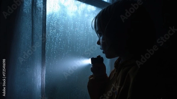 Fototapeta Child exploring the darkness with a flashlight during a rainy power outage at home