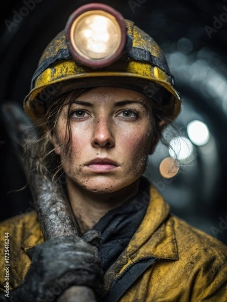 Fototapeta Strength and determination of a female coal miner deep underground in a challenging environment
