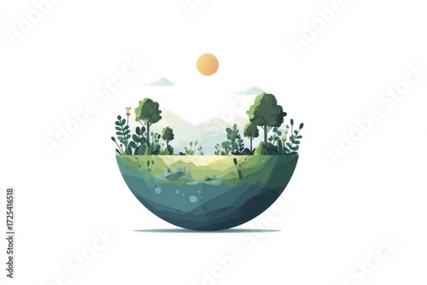 Fototapeta Small planet design featuring lush greenery and a bright sun in a serene landscape
