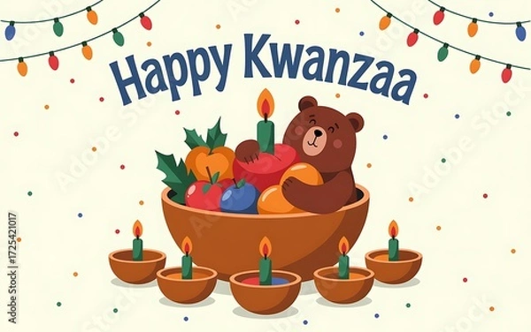 Fototapeta Kwanzaa celebration banner with kinara and seven lit candles, playful teddy bear in a bowl of berries, hanging string lights and confetti, warm family greeting design for cards and banners