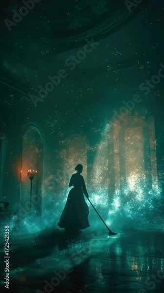 Fototapeta Silhouette of Woman Cleaning with Magical Sparkling Atmosphere