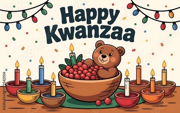 Fototapeta Kwanzaa celebration banner with kinara and seven lit candles, playful teddy bear in a bowl of berries, hanging string lights and confetti, warm family greeting design for cards and banners
