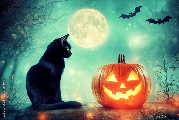 Fototapeta Black cat sitting beside carved jack-o-lantern pumpkin with full moon.