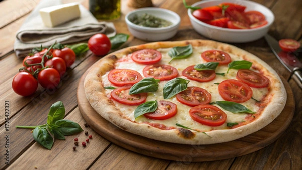 Fototapeta Italian-style Margherita pizza with classic toppings of tomato, mozzarella, and basil served in rustic wooden ambiance.