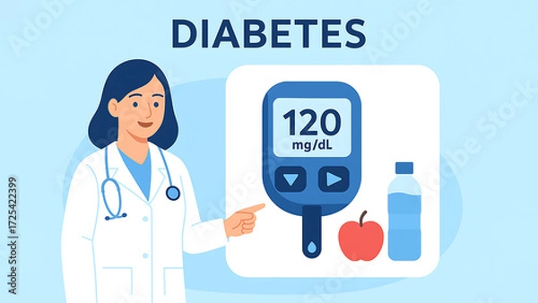 Obraz Flat-style digital illustration of diabetes concept with glucometer, doctor, and healthy food. Concept of blood sugar monitoring, healthcare, and preventive medicine.