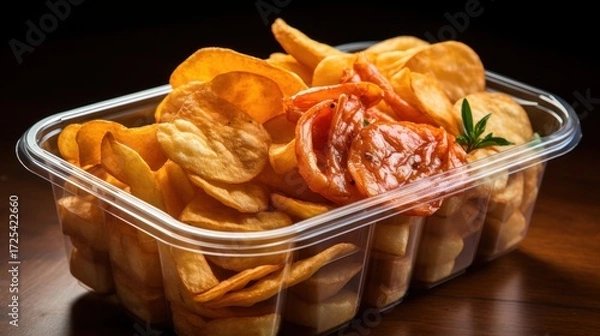 Fototapeta Appetizing Container of Crispy Potato Chips