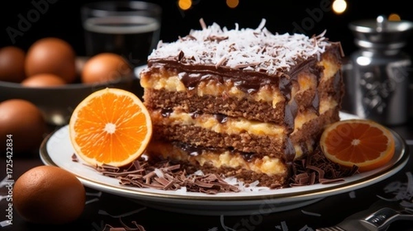 Fototapeta Chocolate coconut layer cake with orange slice