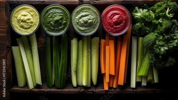 Fototapeta Colorful vegetable platter with assorted dips